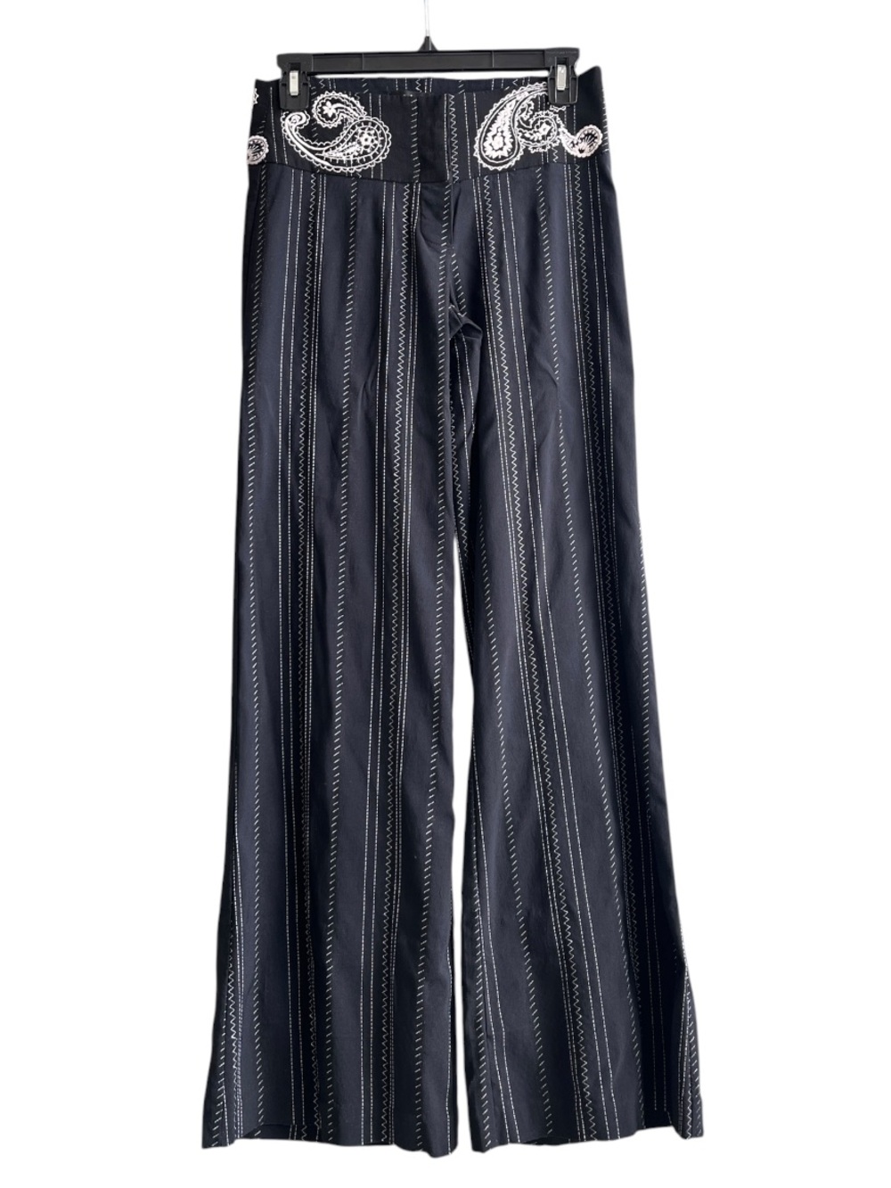 bebe Vintage Y2K Low Rise Black Boho Wide Leg Trouser With Paisley Detail- 2